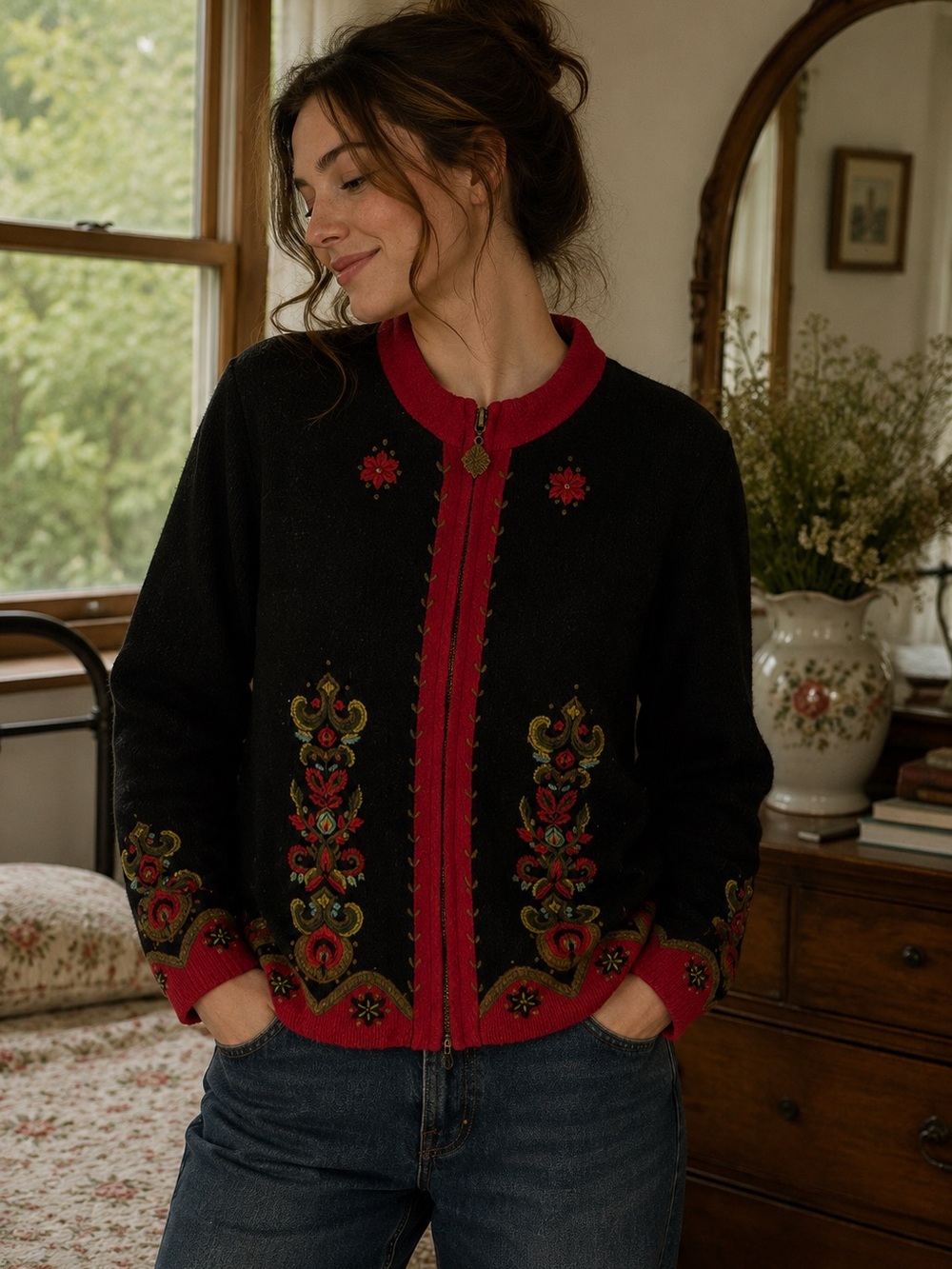 Icelandic Design Embroidered Wool Mohair Zip Jacket Boho Nordic M Lined Vintage